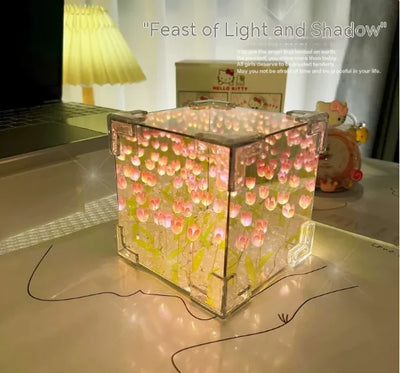 Blooming Cube Glow: 3D Tulip Bedside Light